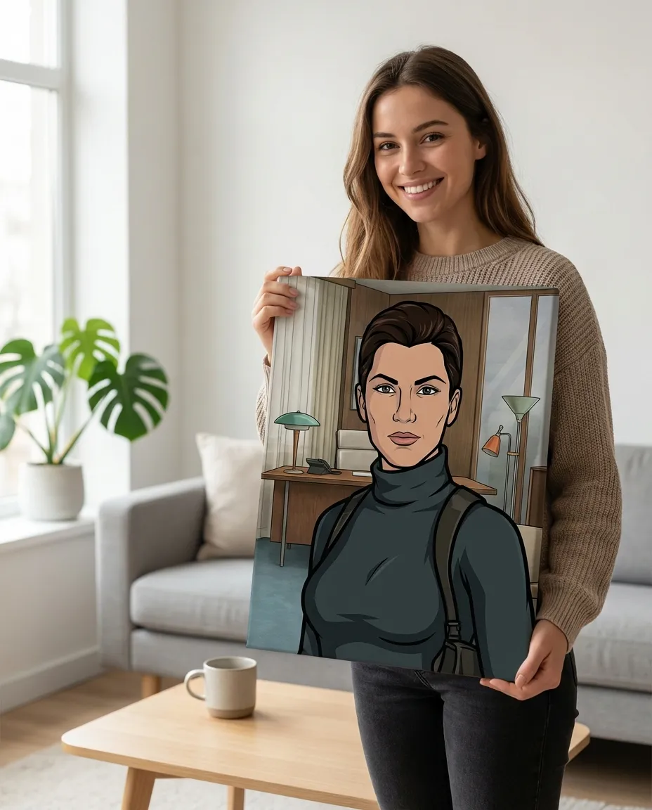 Person holding their Archer-style portrait canvas in a modern apartment