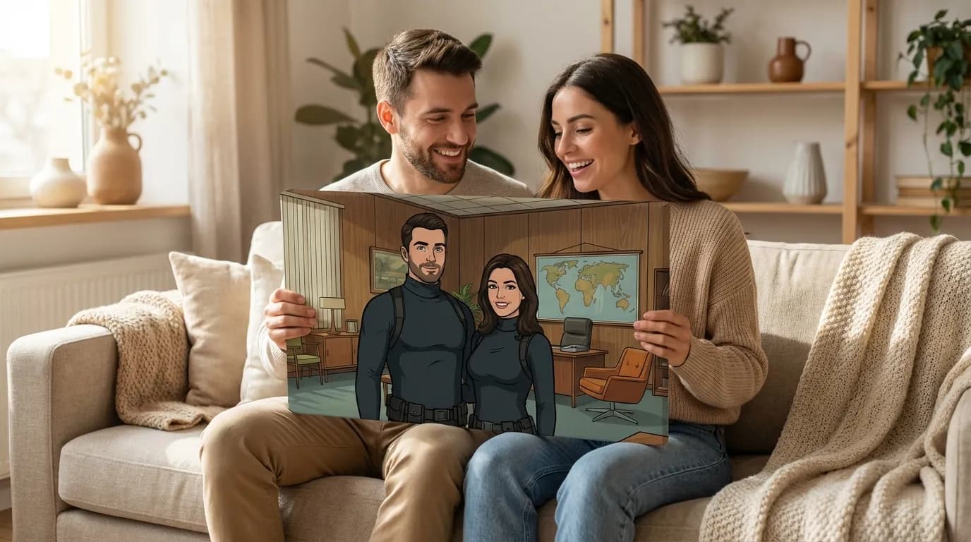 Couple holding their Archer-style spy couple portrait canvas