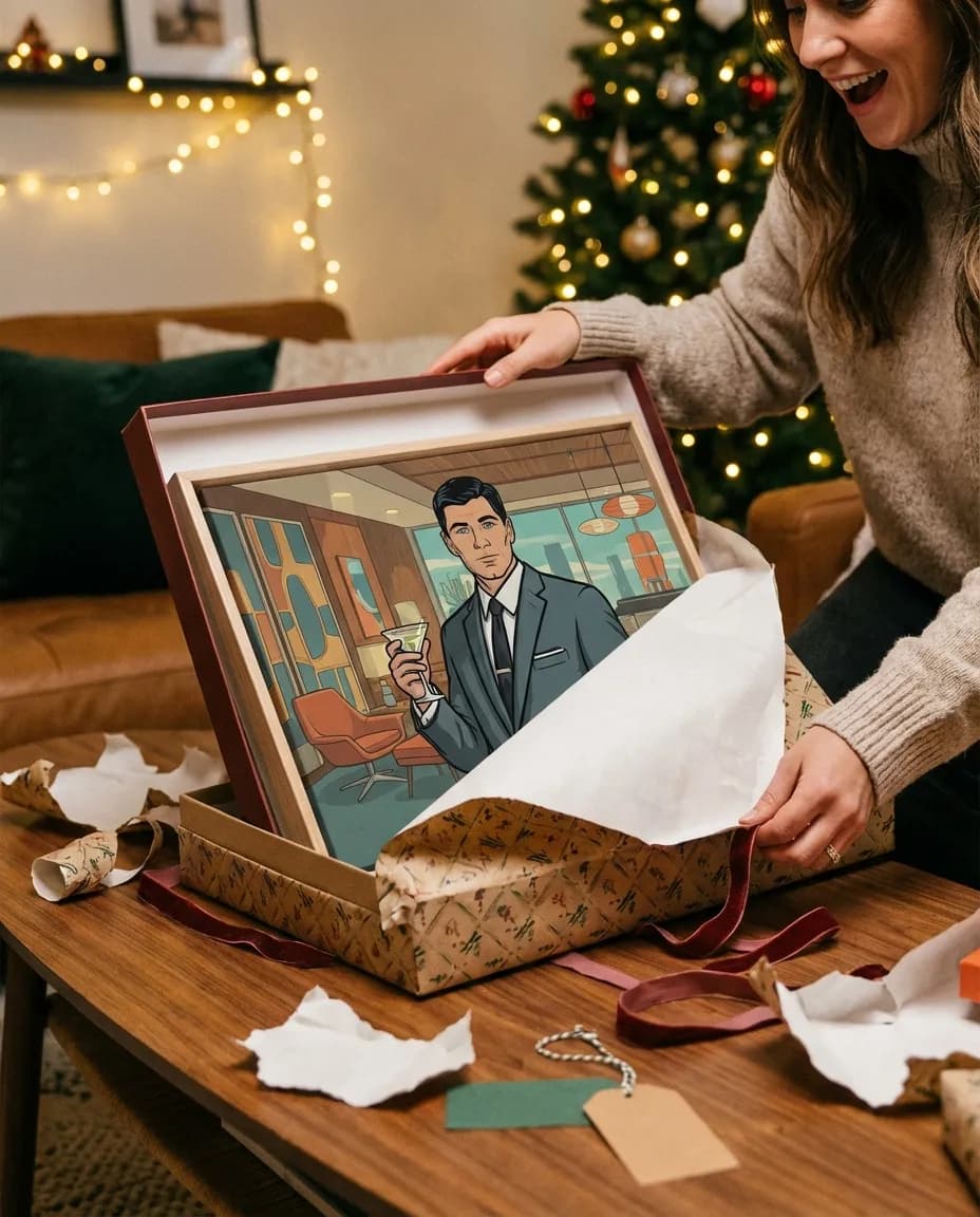 Person unwrapping a gift to reveal an Archer-style portrait canvas