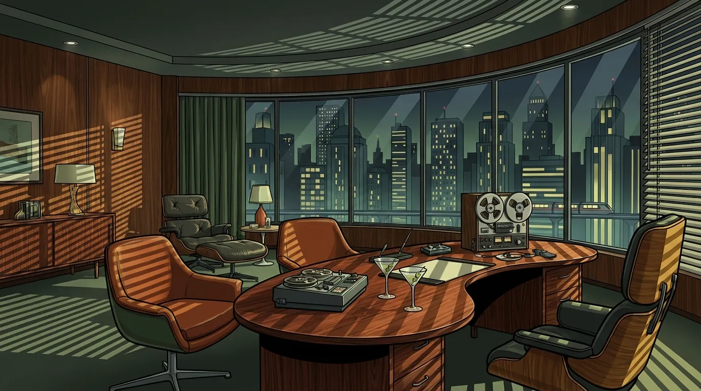 Archer-style mid-century modern spy lounge background