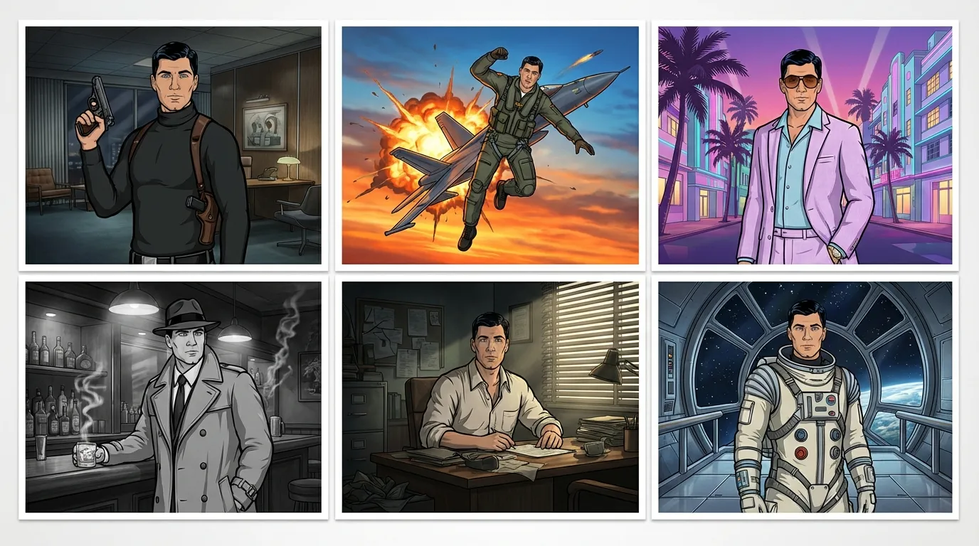 Six Archer portrait sub-styles: ISIS Agent, Danger Zone, Vice Miami, Dreamland Noir, Figgis Agency, Space Station