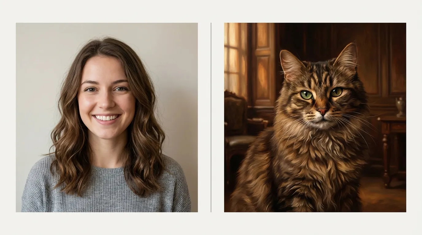 Before and after cat portrait transformation