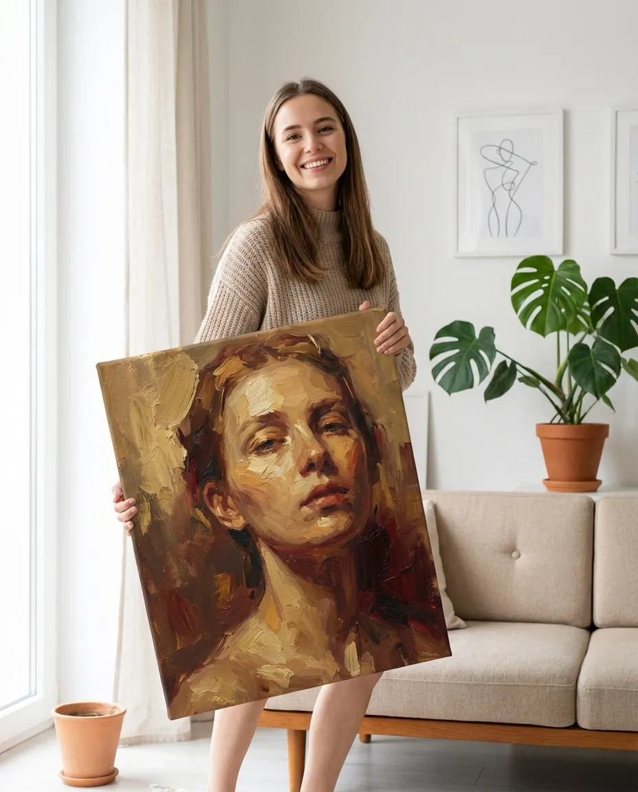 Person holding their custom portrait canvas in a stylish room
