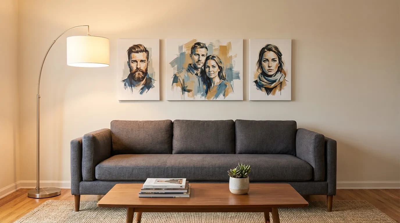 Gallery wall with custom portrait canvas prints in a modern living room