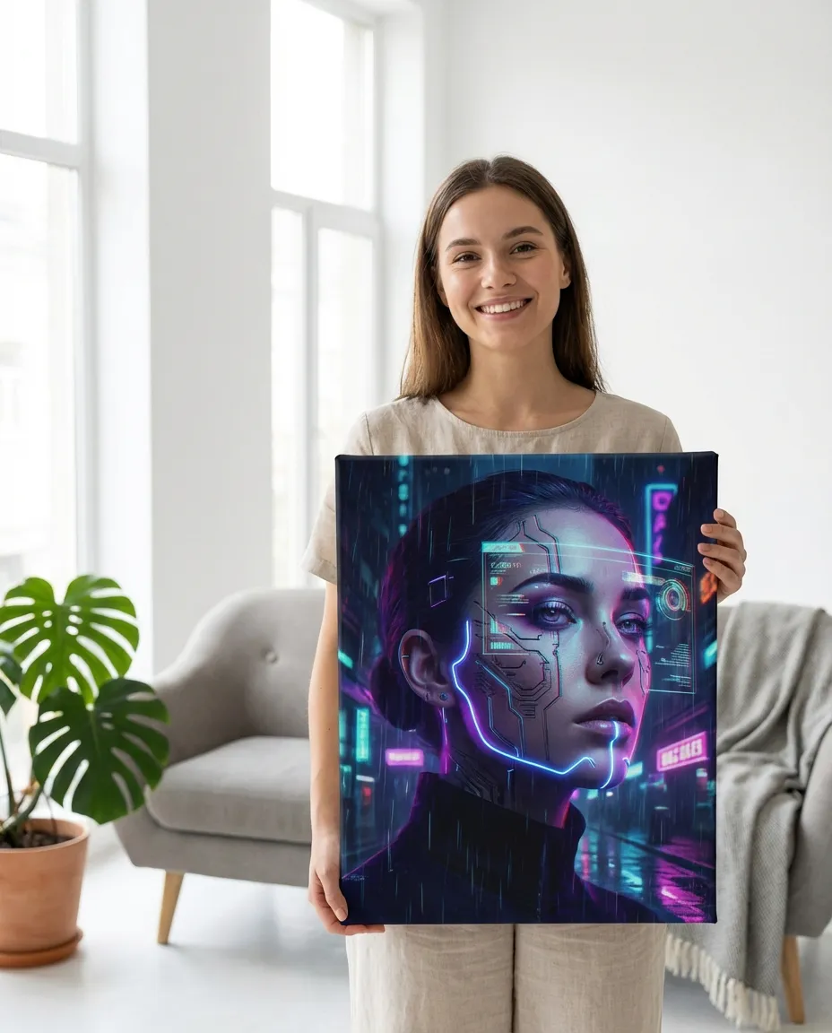 Cyberpunk portrait canvas in a styled room