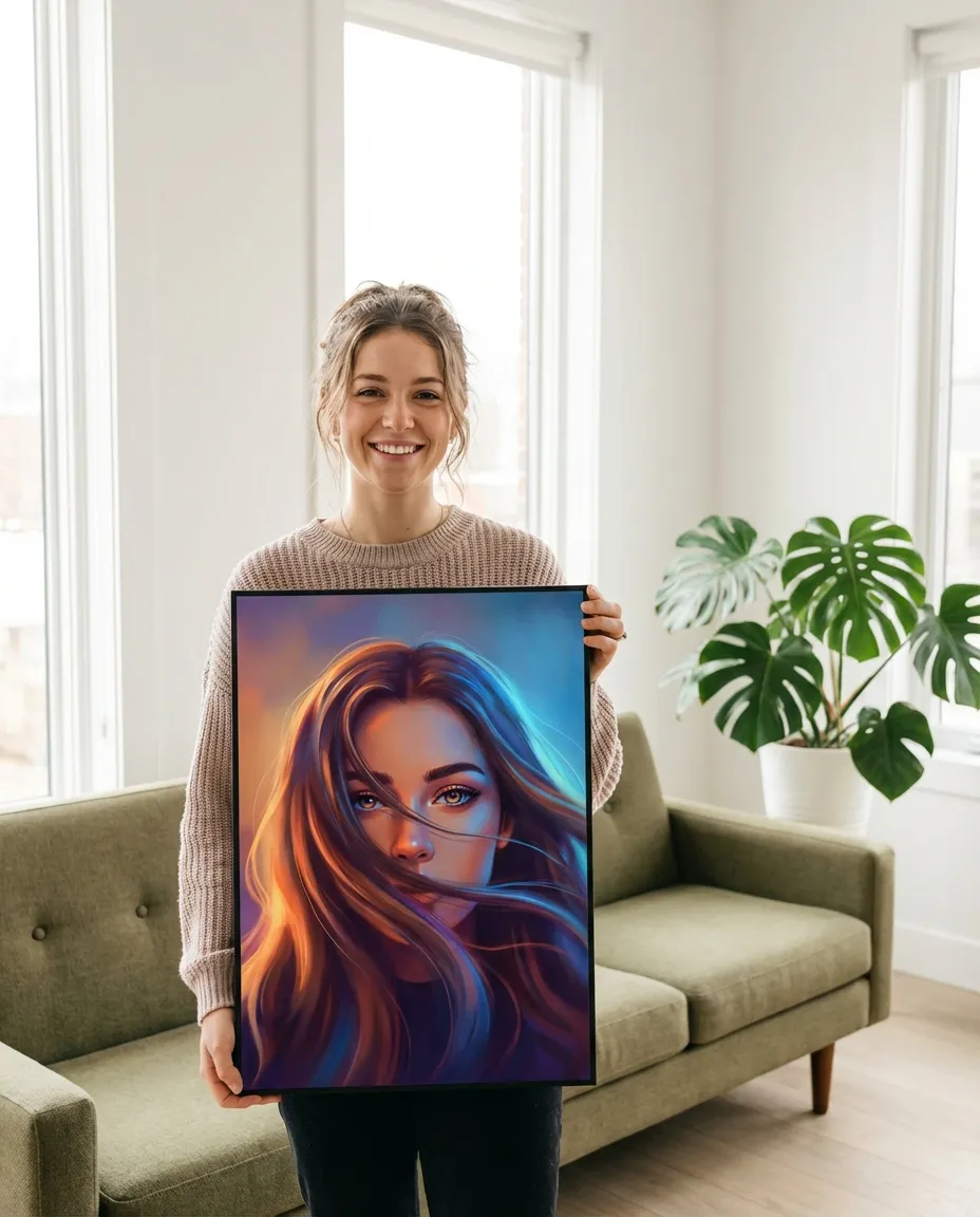 Person admiring their digital portrait canvas in a modern room