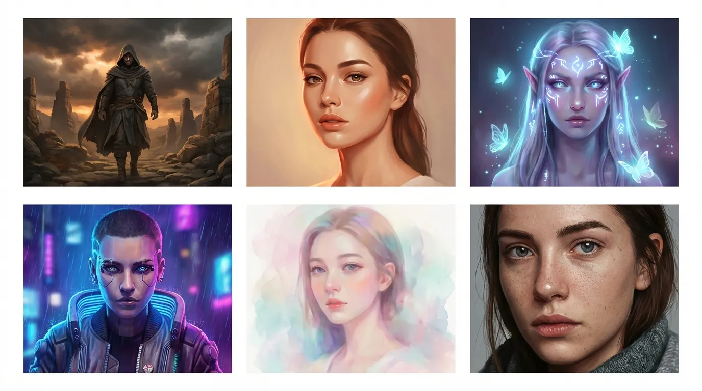 Six digital portrait styles: oil painting, watercolour, pencil sketch, anime, pop art, and renaissance