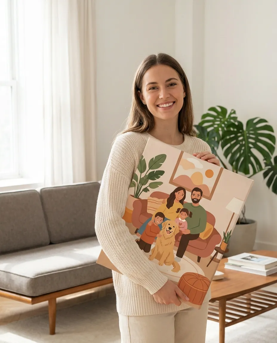 Family illustration canvas in modern living room