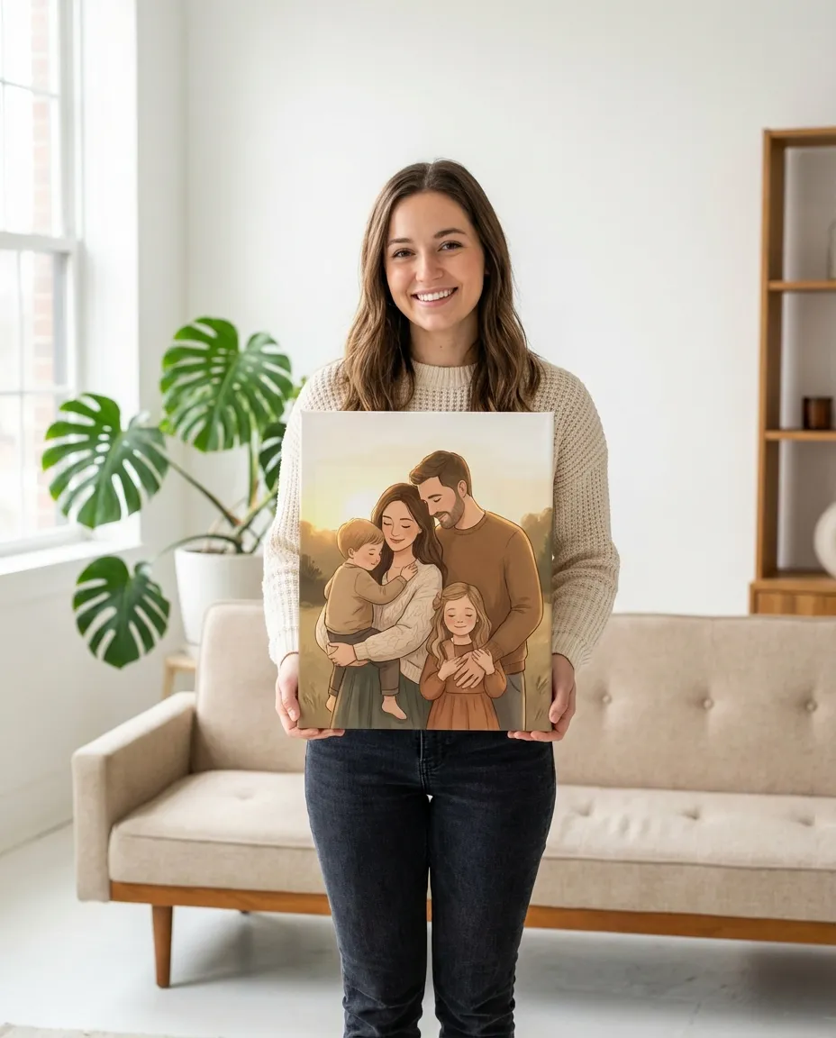 A woman holding her custom watercolour family portrait canvas