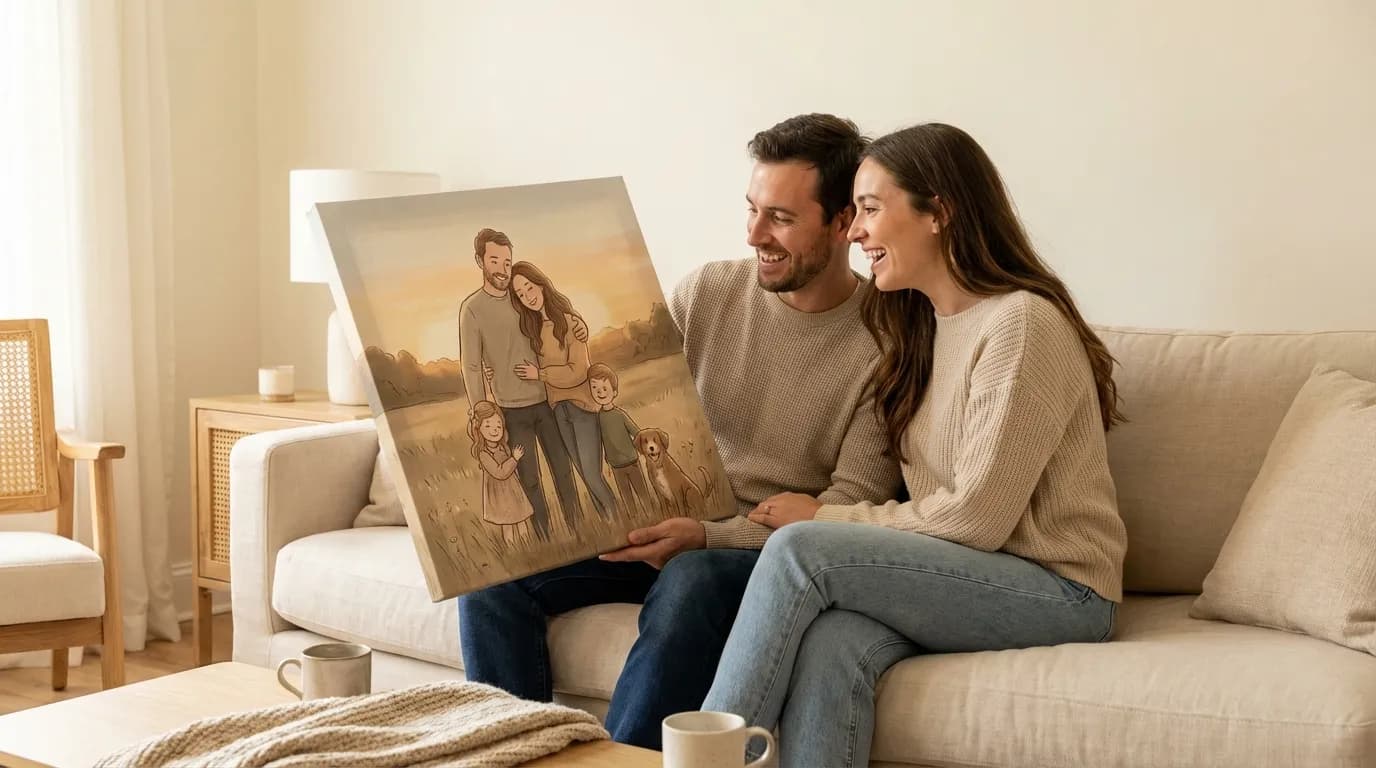Happy family gathered around their family portrait canvas on the wall