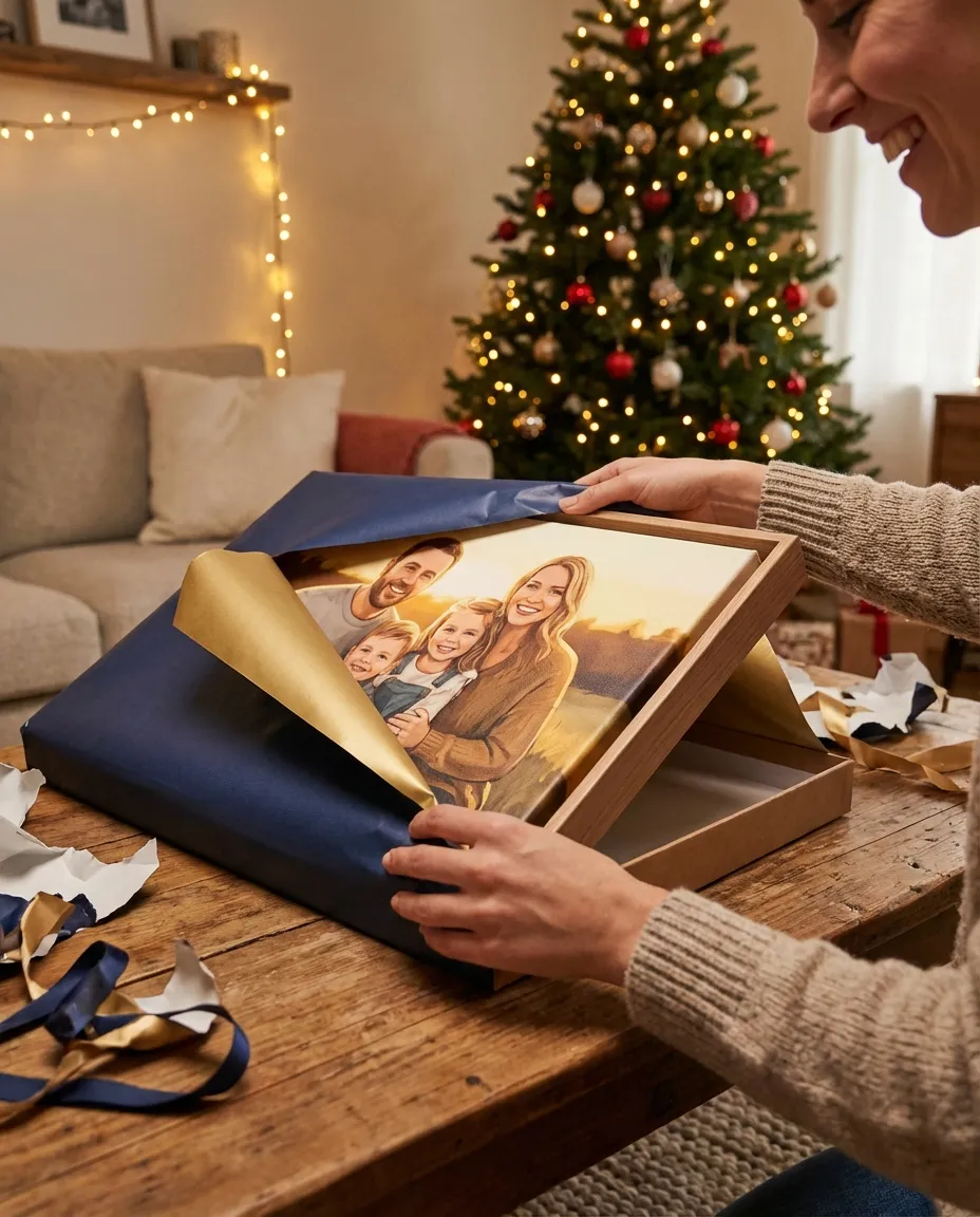 A custom portrait being unwrapped as a Mothers Day gift