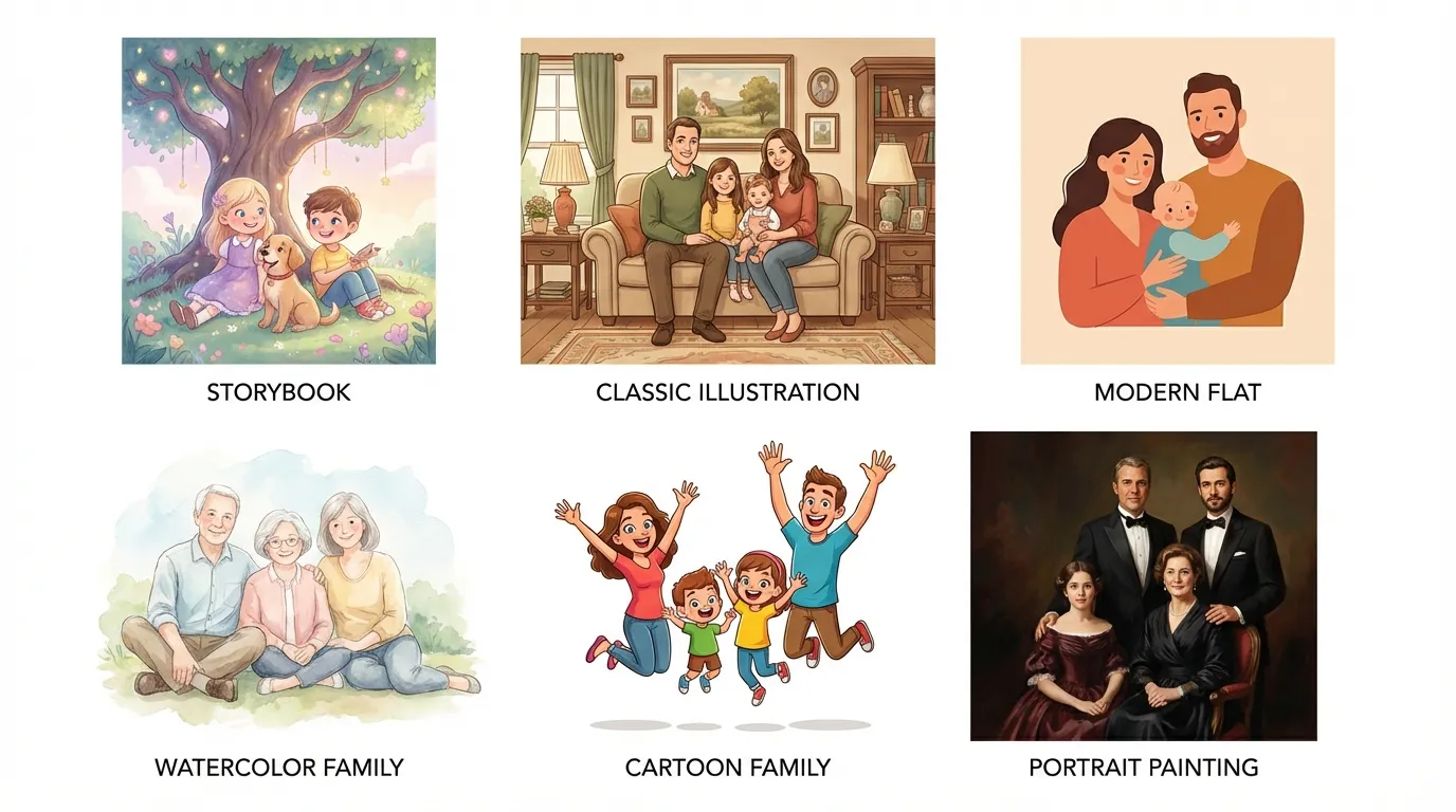 Six family portrait styles: oil painting, watercolour, pencil sketch, Simpsons, anime, and pop art