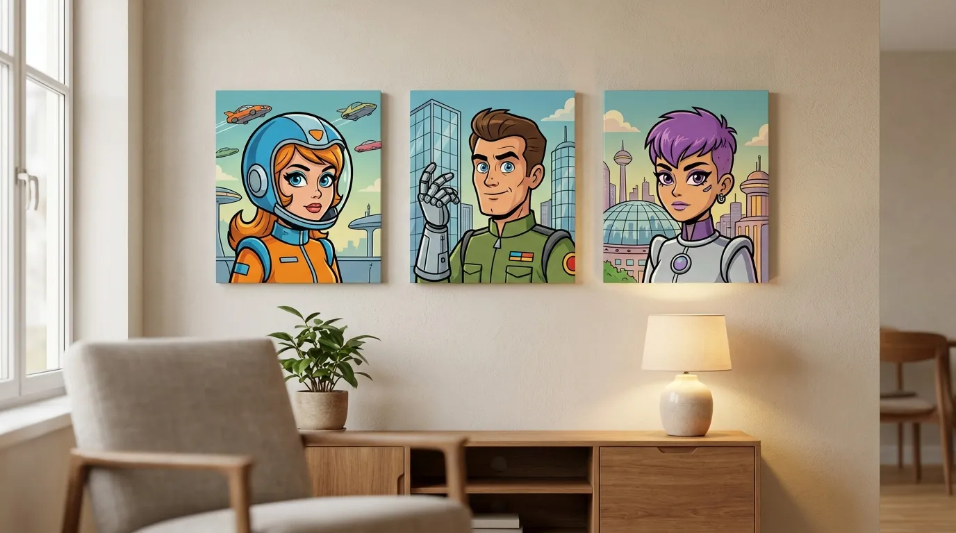 Gallery wall with three Futurama portrait canvas prints in a modern living room