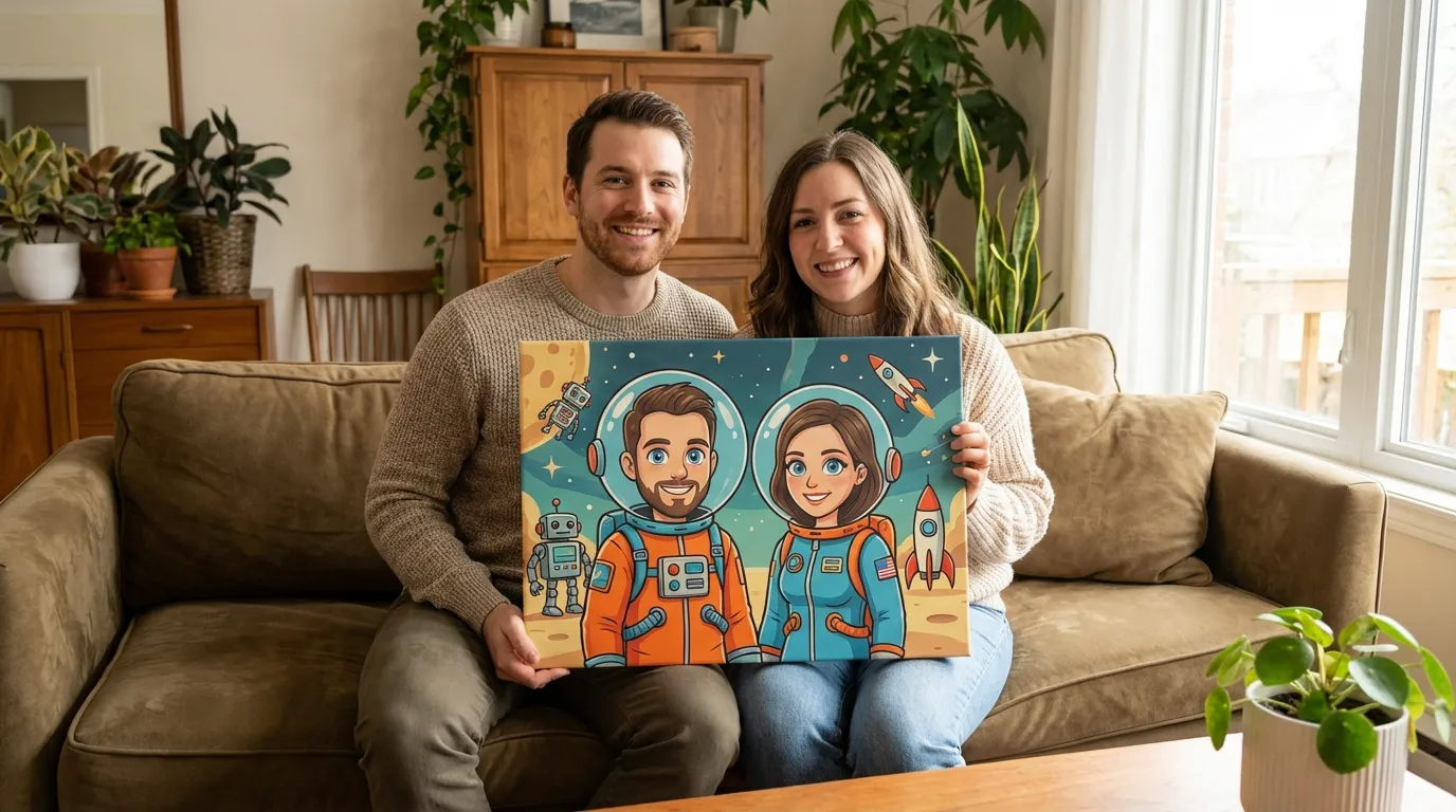 Happy couple sitting on sofa holding their Futurama couple portrait canvas