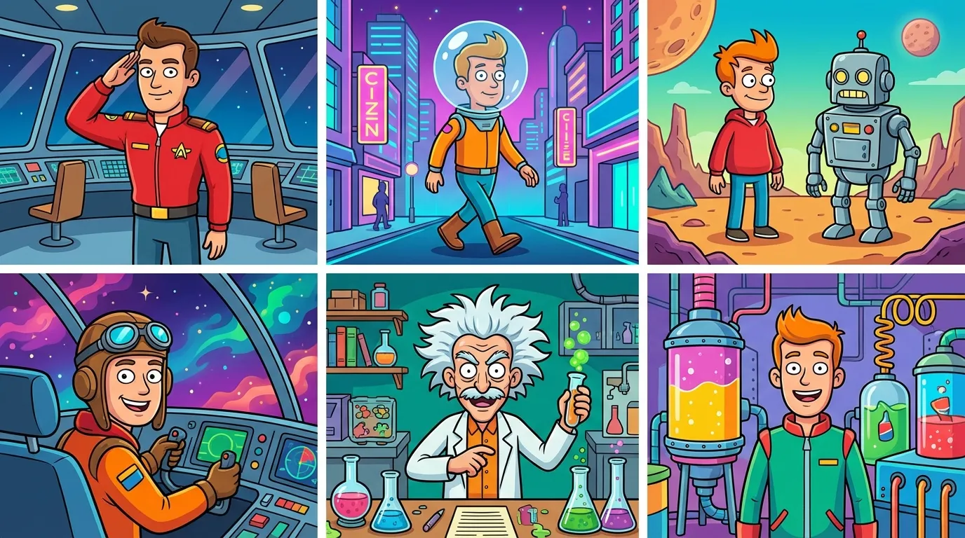 Six Futurama portrait sub-styles: Planet Express, New New York, Robot, Space Delivery, Professor Lab, and Slurm Factory