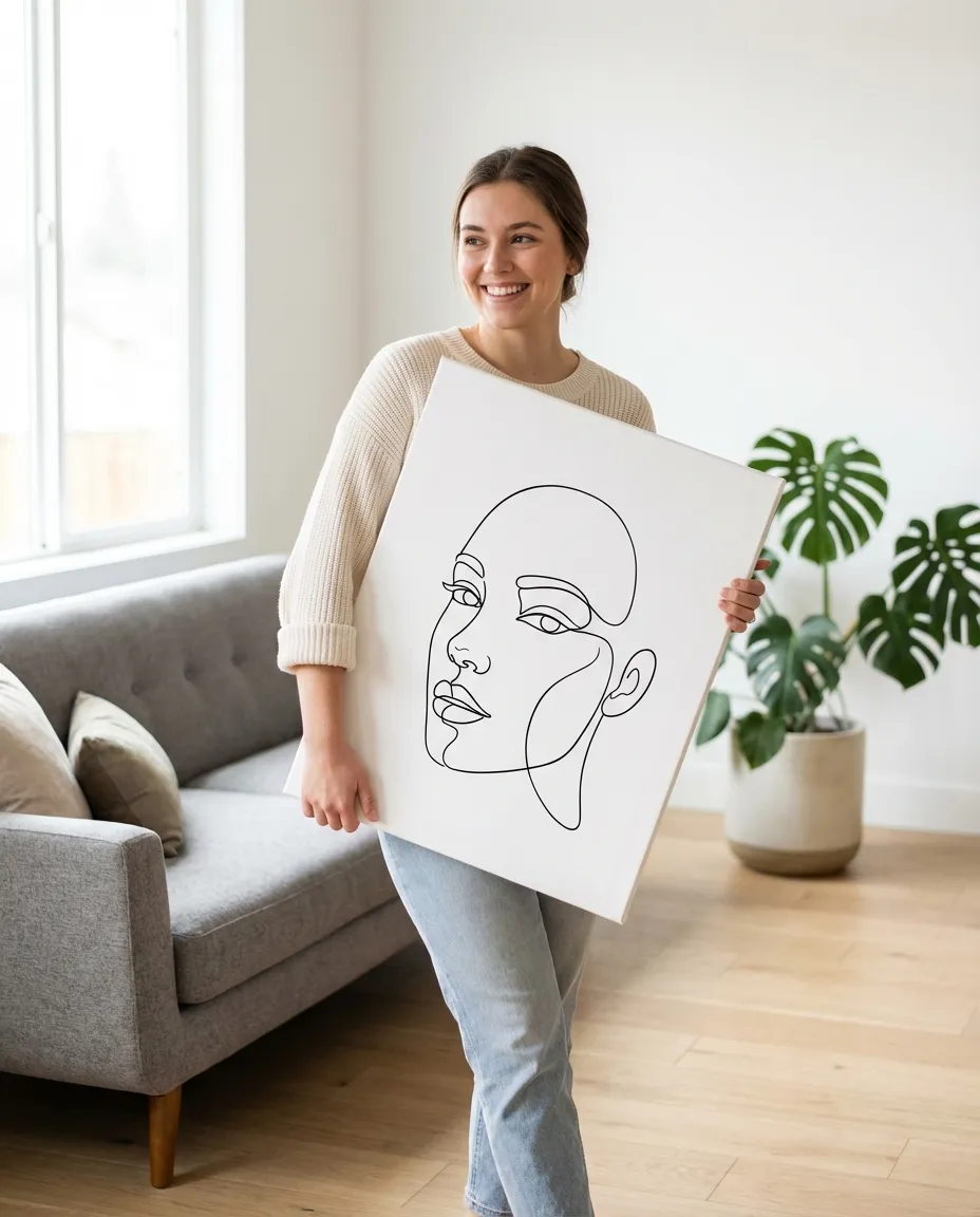 Minimalist line art portrait canvas on a wall