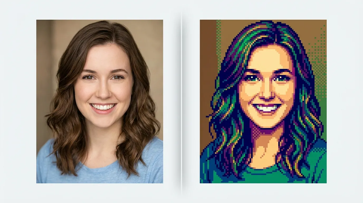 Before and after: photo transformed into retro pixel art portrait