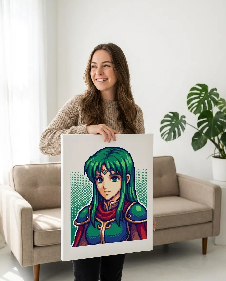 Pixel art portrait canvas displayed in a modern gaming room