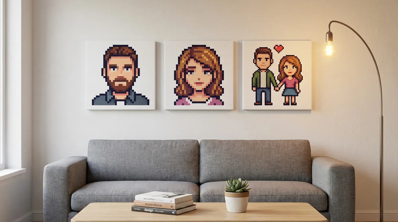 Gallery wall with pixel art portrait canvas prints in a modern gaming room