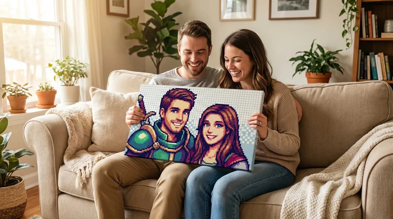 Couple enjoying their pixel art couple portrait canvas in a gaming room
