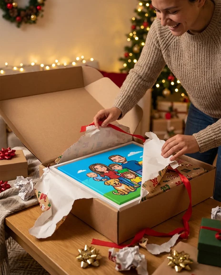 Person unwrapping a gift to reveal a pixel art portrait canvas