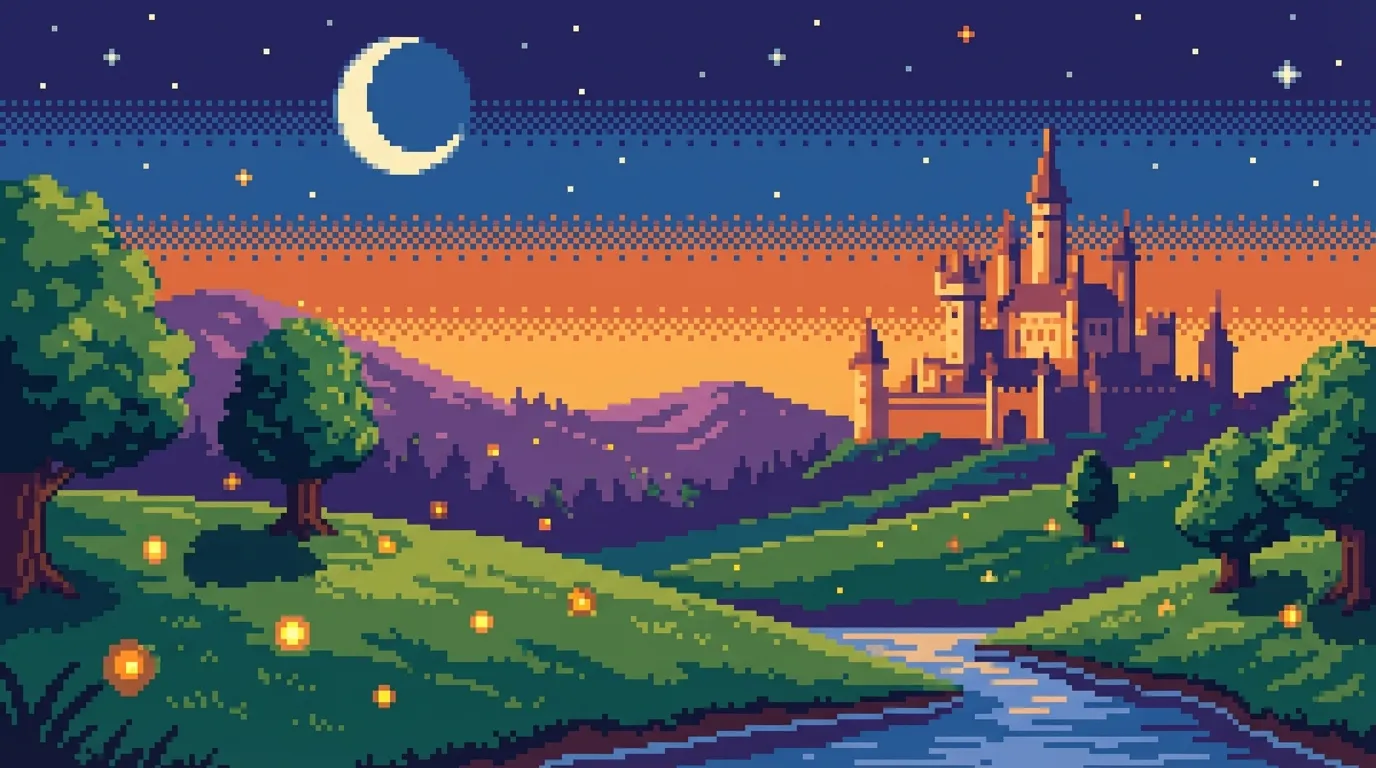 Retro pixel art gaming landscape background