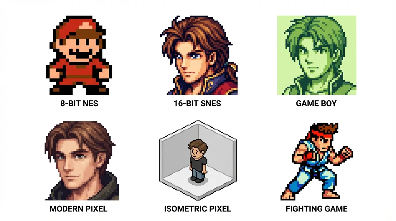 Six pixel art portrait sub-styles: arcade, NES, SNES, Game Boy, PC RPG, and modern indie