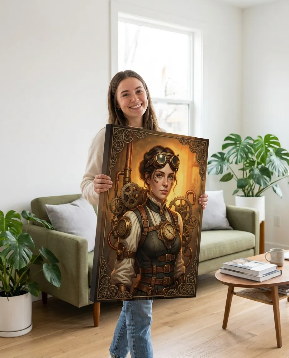 Steampunk portrait canvas in a room