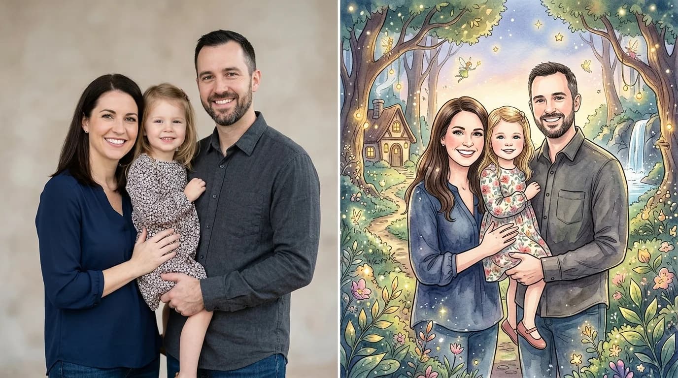 Original source photo before Storybook family illustration transformation
