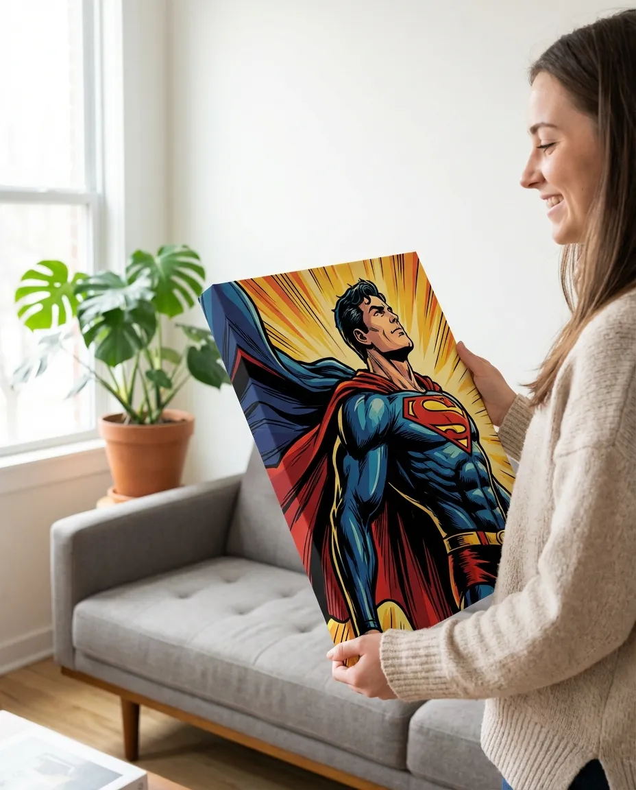 Superhero portrait canvas in a styled room