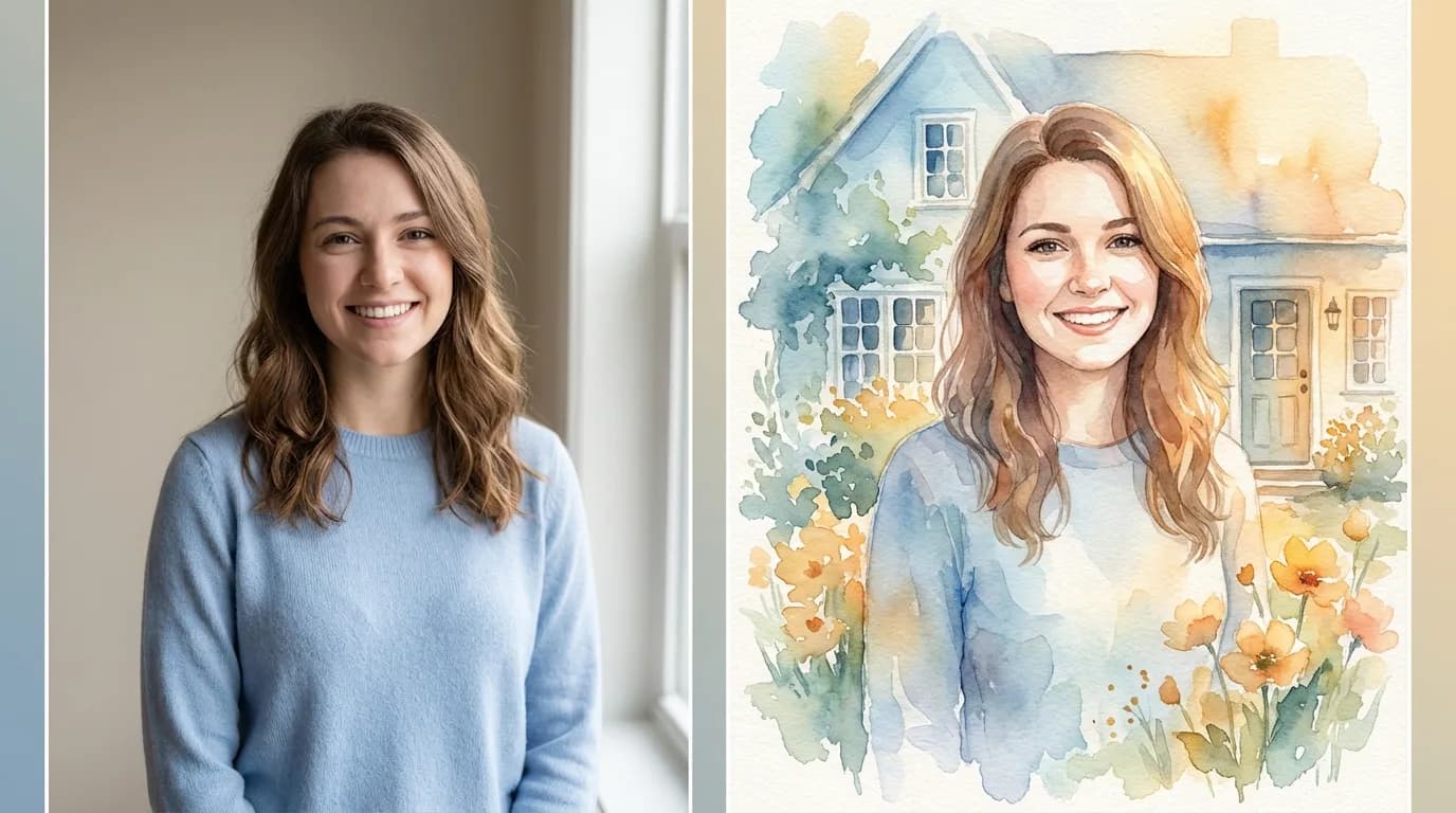 Before and after watercolor house portrait transformation