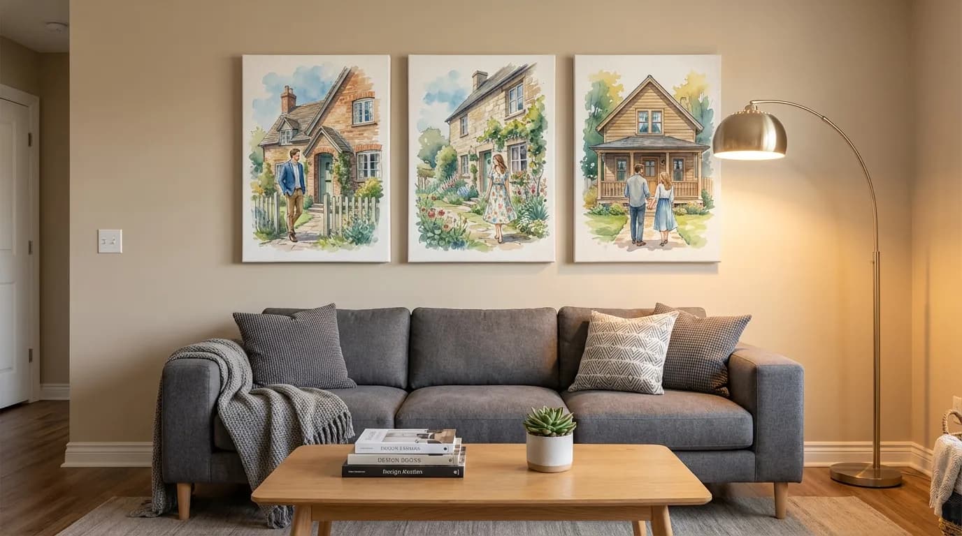 Gallery wall with watercolor house portrait