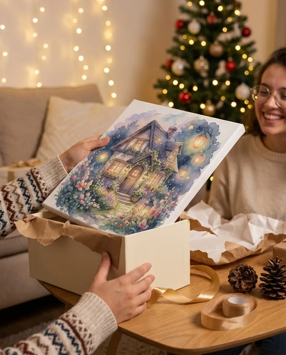 Gift unwrapping a watercolor house portrait