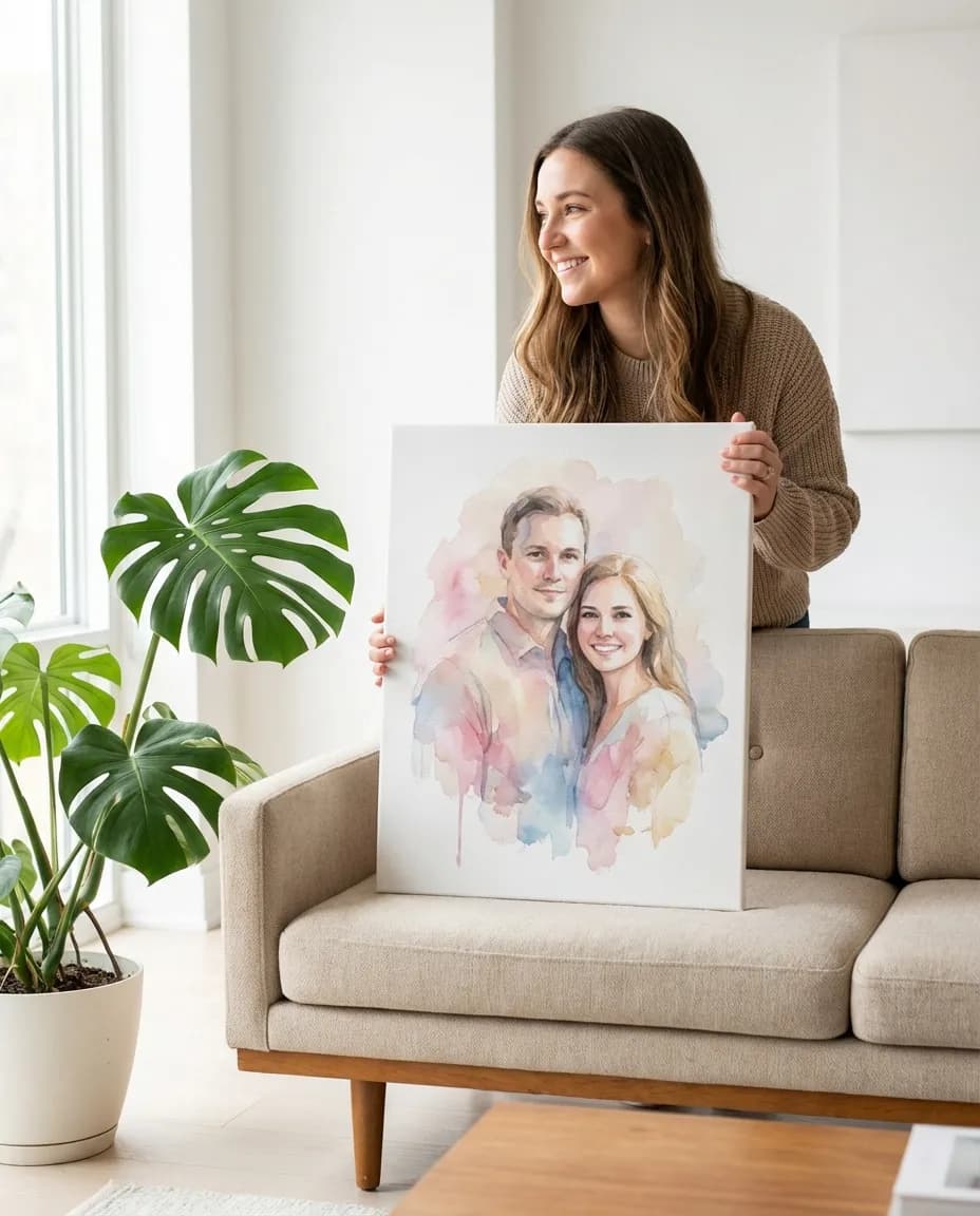 A watercolour portrait canvas styled in a warm home interior