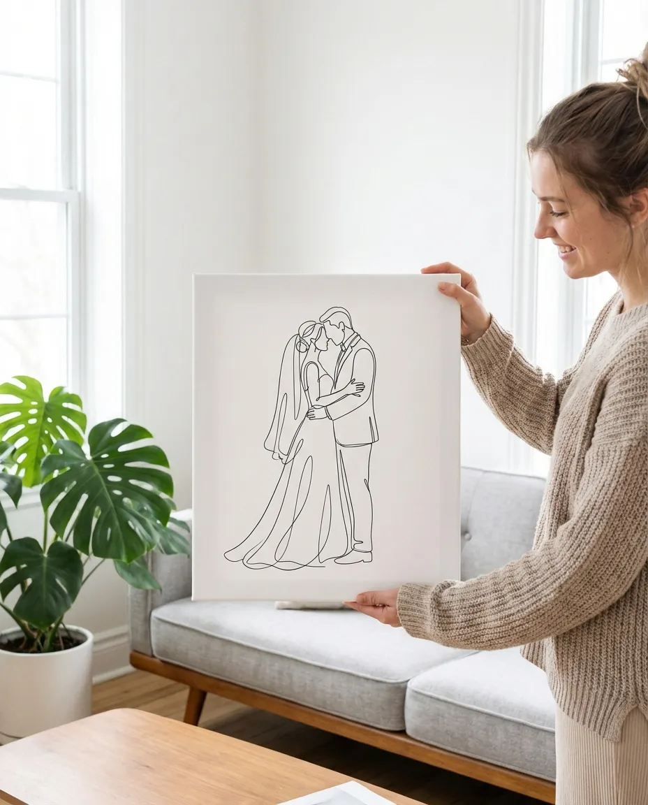 Wedding line art portrait canvas in modern living room