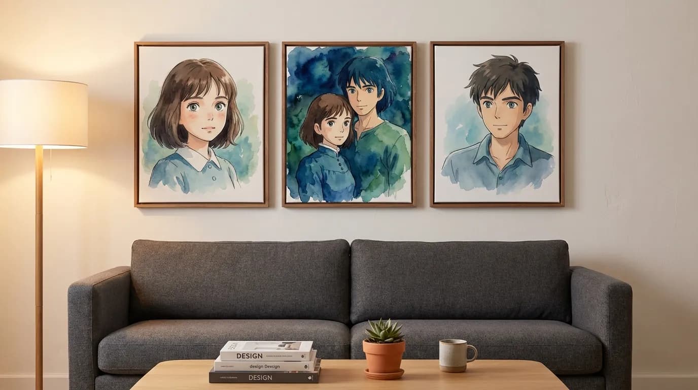 Gallery wall with three anime portrait canvas prints in a modern living room