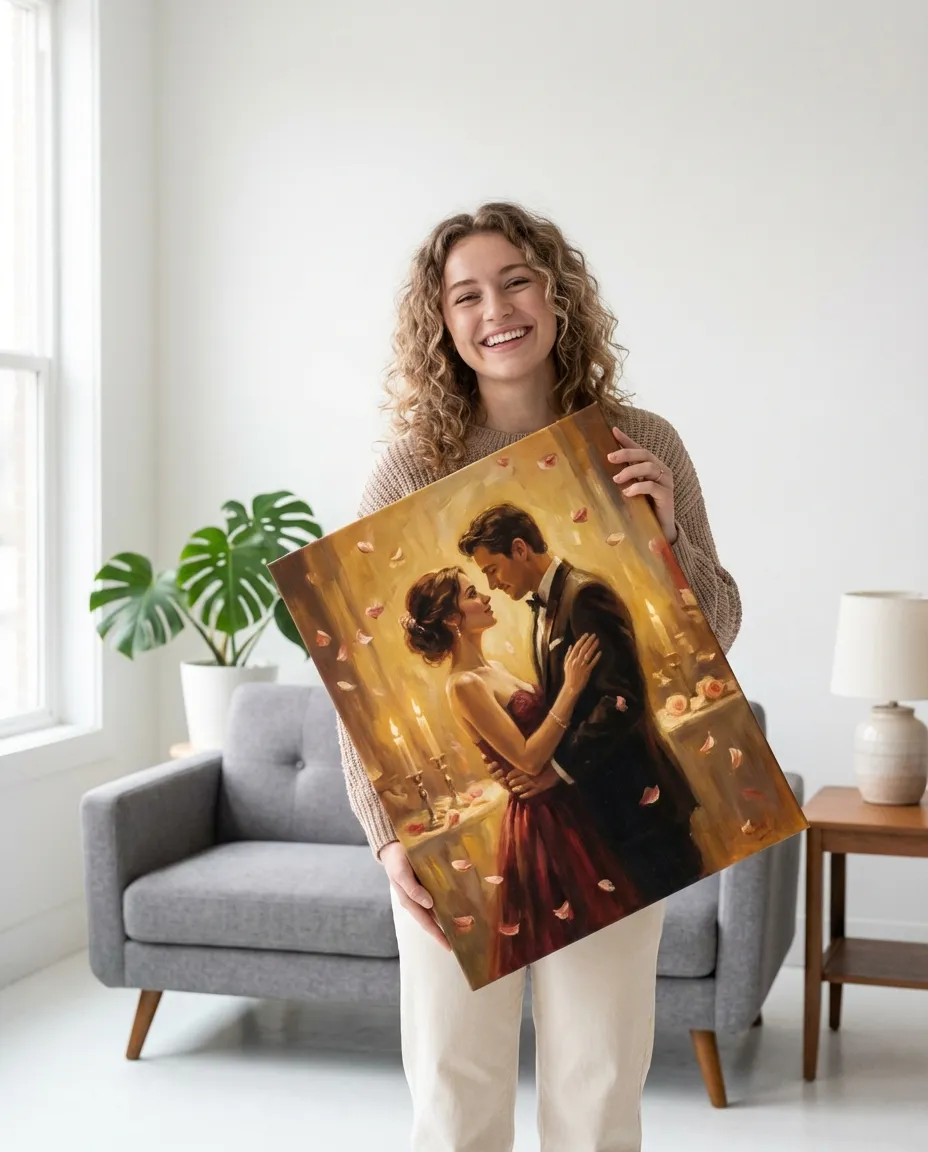 Anniversary portrait canvas in a living room