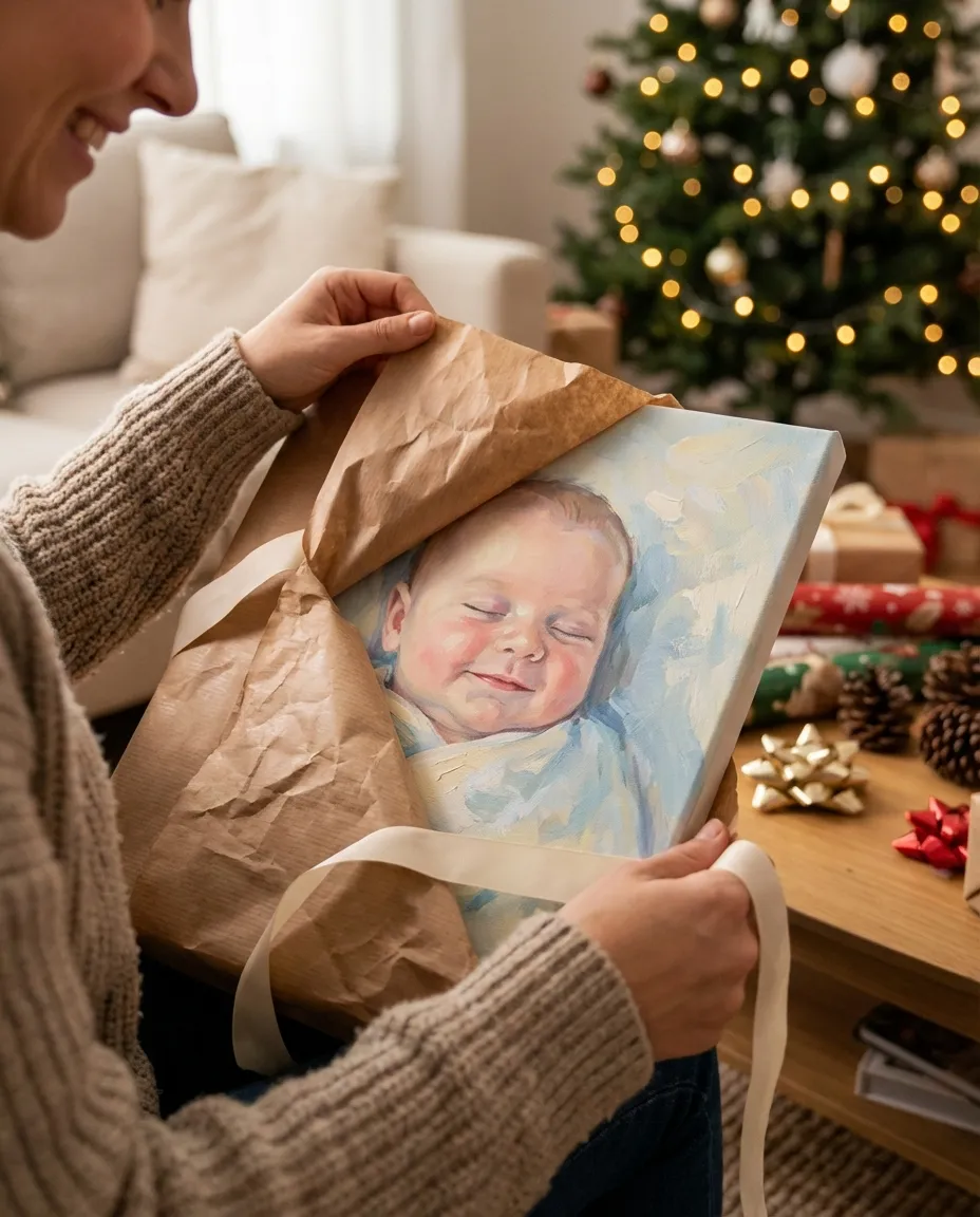 Gift unwrapping a baby portrait