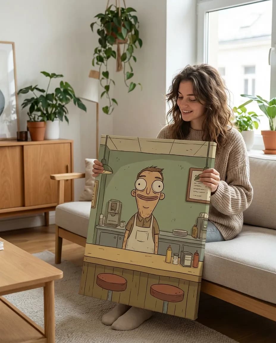 Person holding their Bob's Burgers style portrait canvas in a cosy kitchen