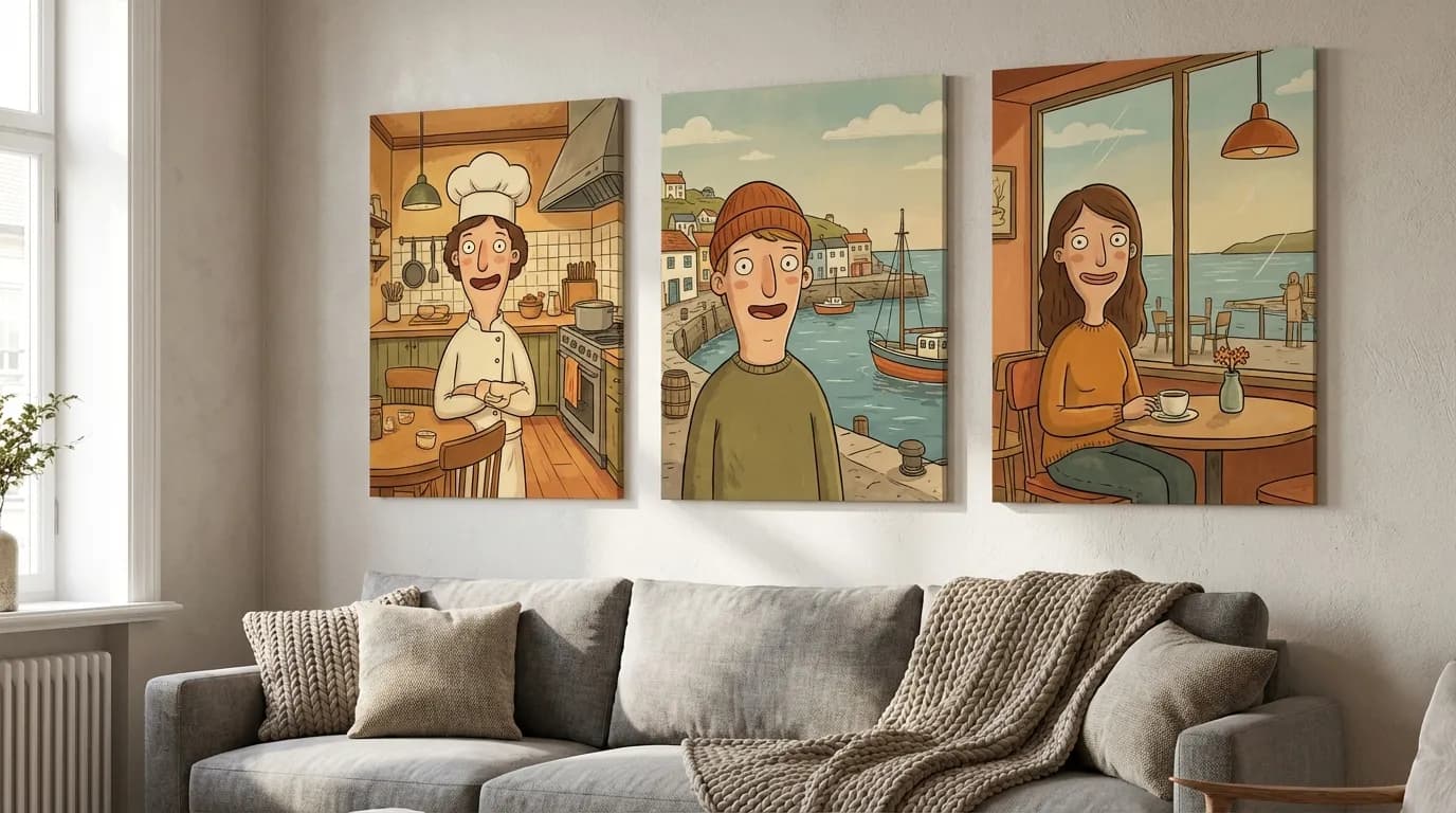 Gallery wall with Bob's Burgers style portrait canvas prints in a warm living room