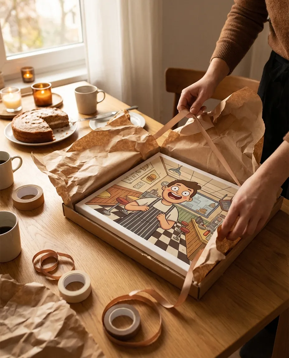 Person unwrapping a gift to reveal a Bob's Burgers style portrait canvas