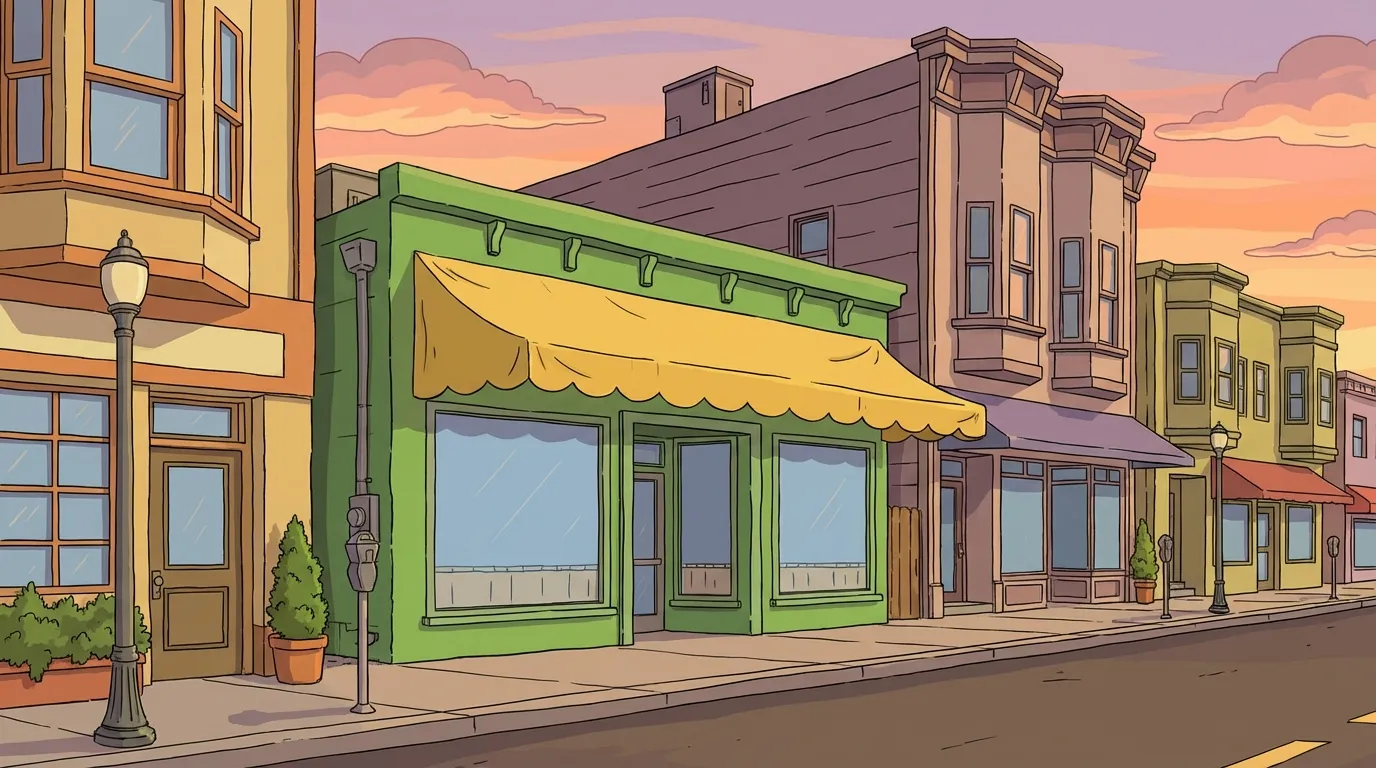 Bob's Burgers style animated restaurant and Ocean Avenue background