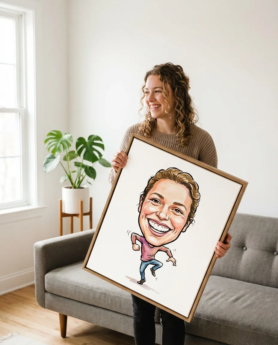 Caricature portrait canvas in a styled room