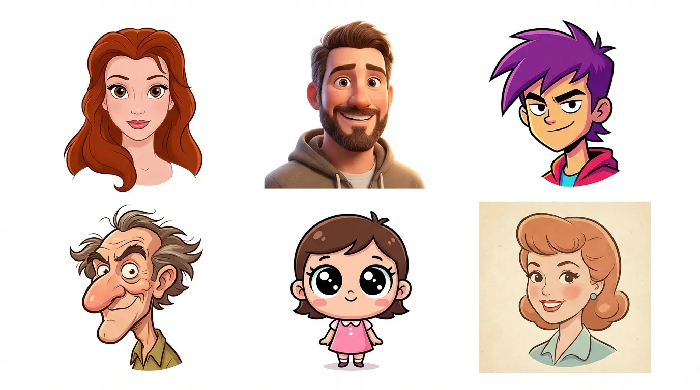 Six cartoon portrait styles: Disney, Pixar, caricature, family, couple, and kids cartoon
