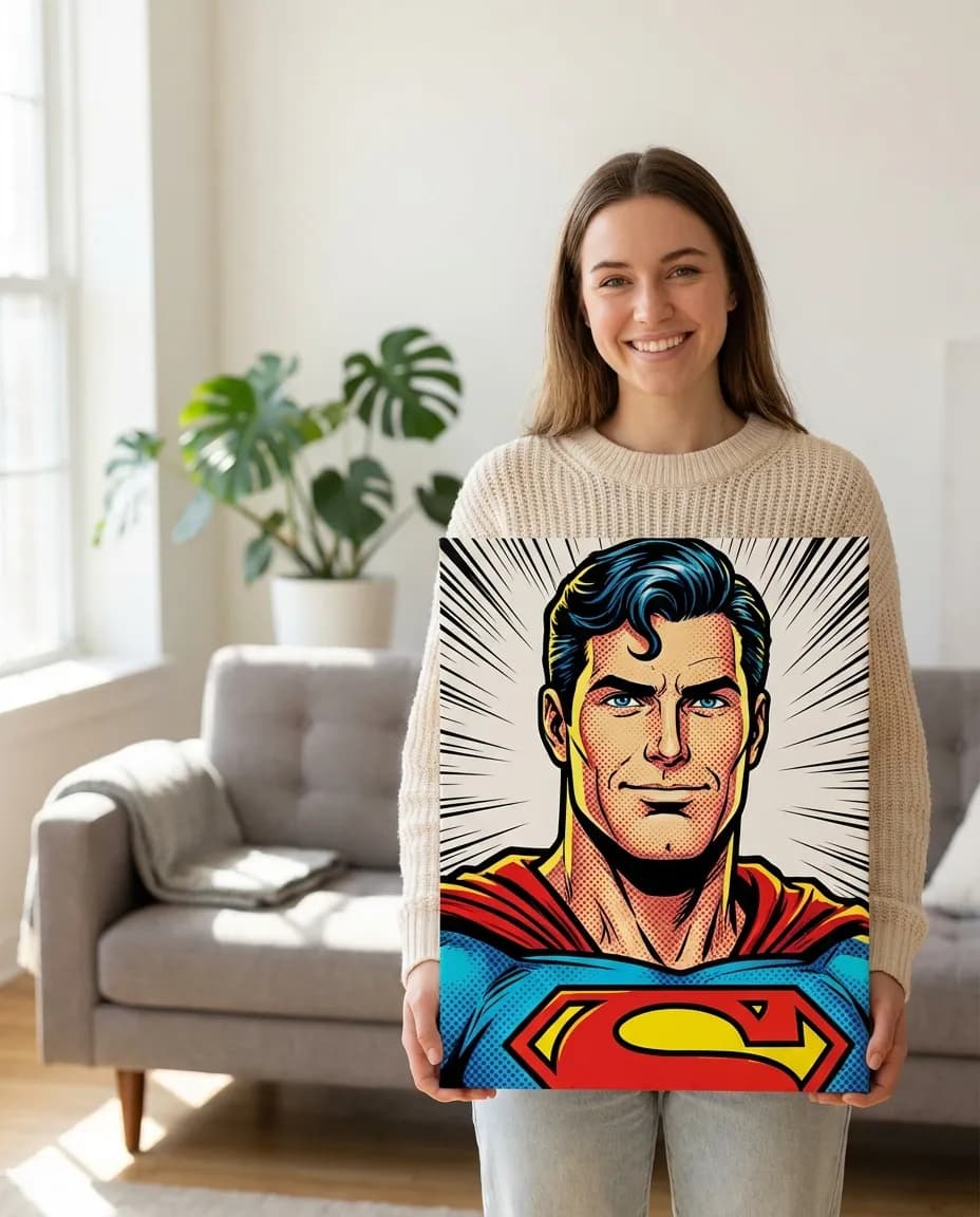 Comic book portrait canvas displayed in a modern living room