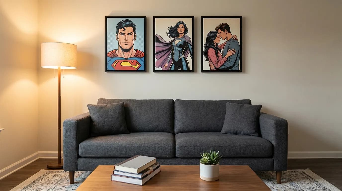 Gallery wall with comic book portrait canvas prints in a modern room