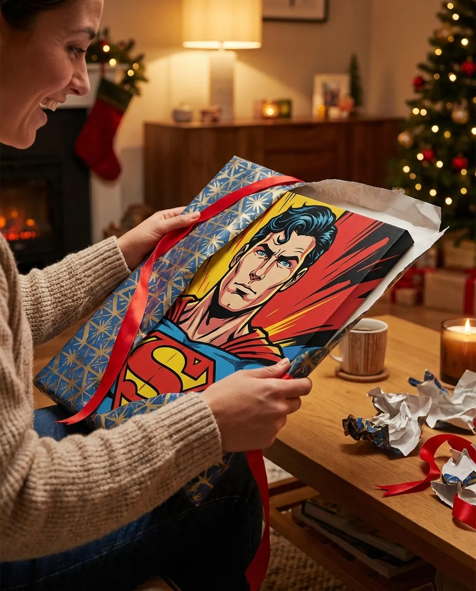 Person unwrapping a gift to reveal a comic book portrait canvas