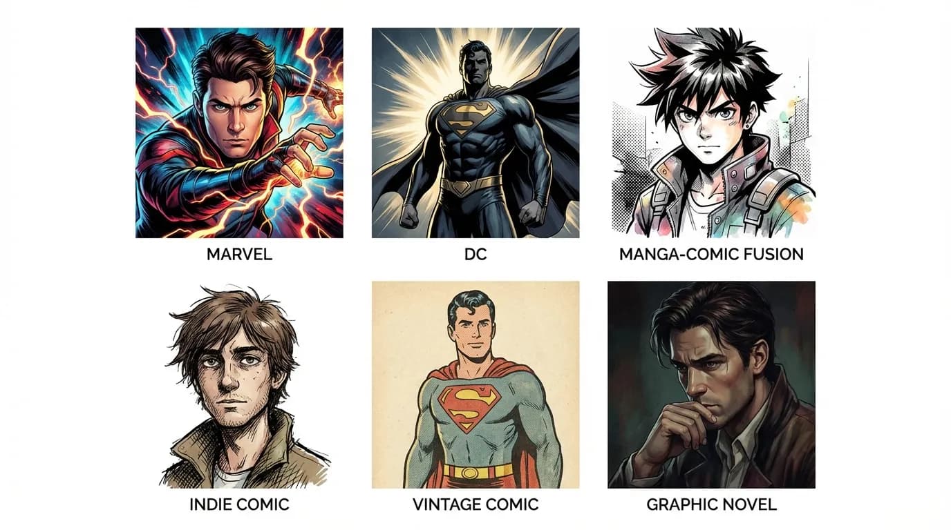Six comic book portrait sub-styles: Marvel, DC, European, noir, painted, and manga-influenced