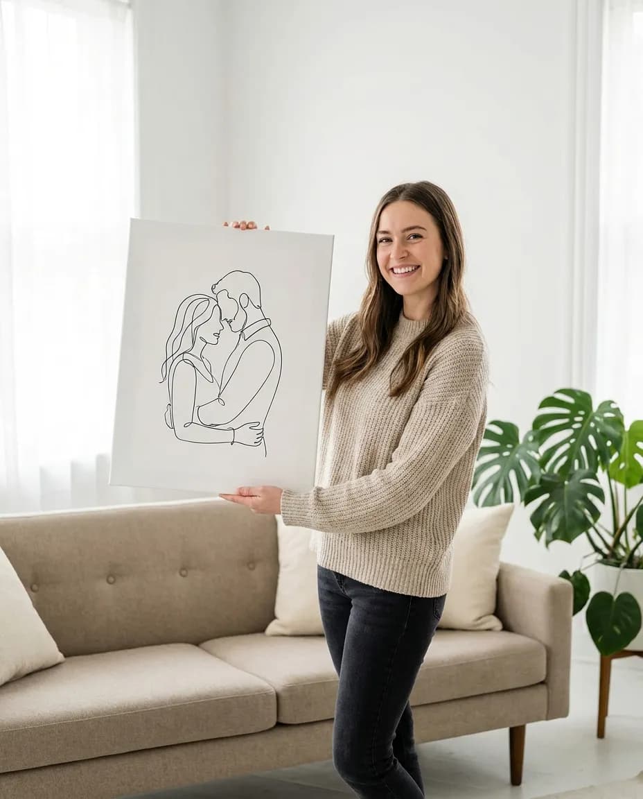 Couple line art portrait canvas in modern living room