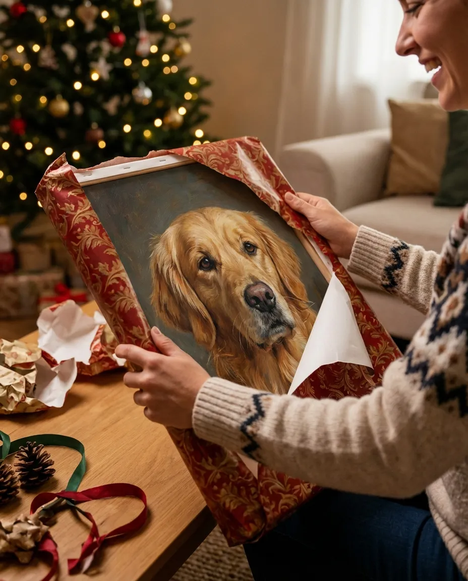 Unwrapping a dog portrait canvas gift
